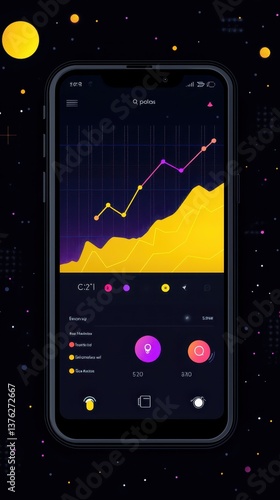 Smartphone display presents financial data and trends with a modern, flat UI.