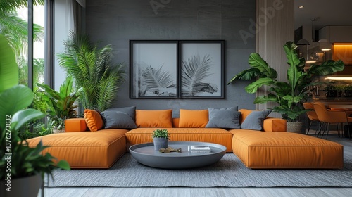 Modern living room with orange sectional sofa, grey wall, and tropical plants.