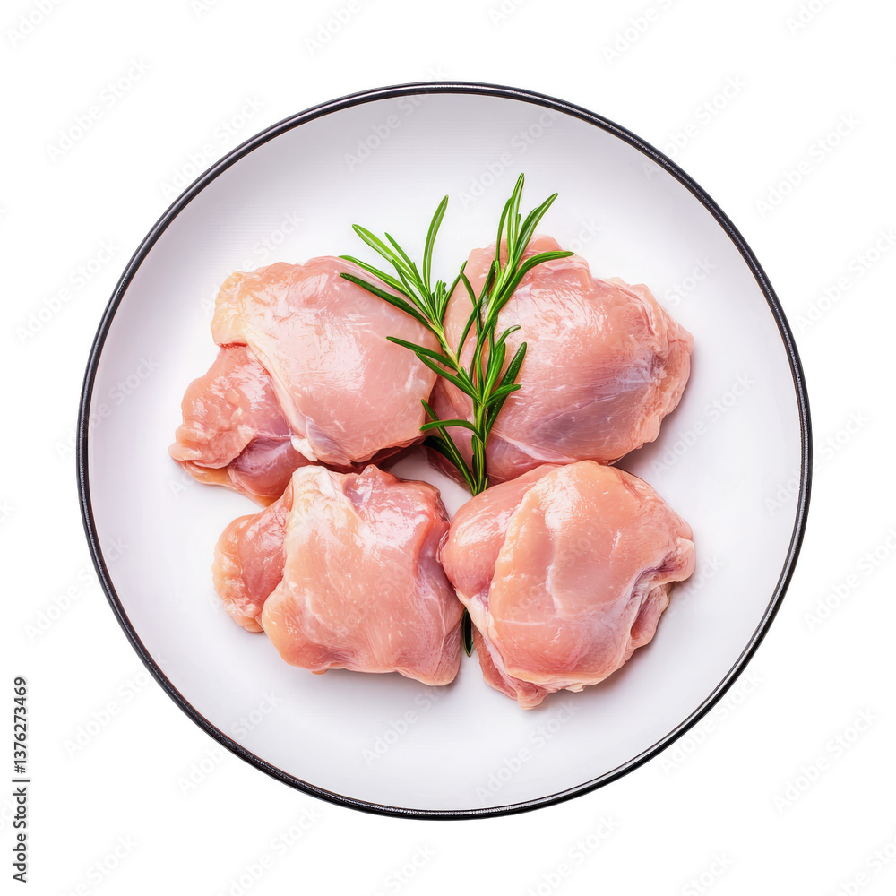 Raw chicken pieces on a plate, fresh poultry ready for cooking, with herbs for garnish, clean kitchen presentation. Isolated on white background or PNG Raw chicken pieces on a plate, fresh poultry ready for cooking, with herbs for garnish, clean kitchen presentation. Isolated on white background or PNG