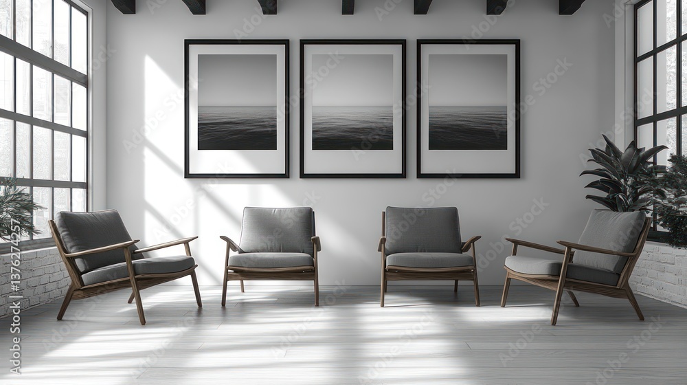 Fototapeta premium Modern minimalist living room with three framed landscape photos, four armchairs, and large window.