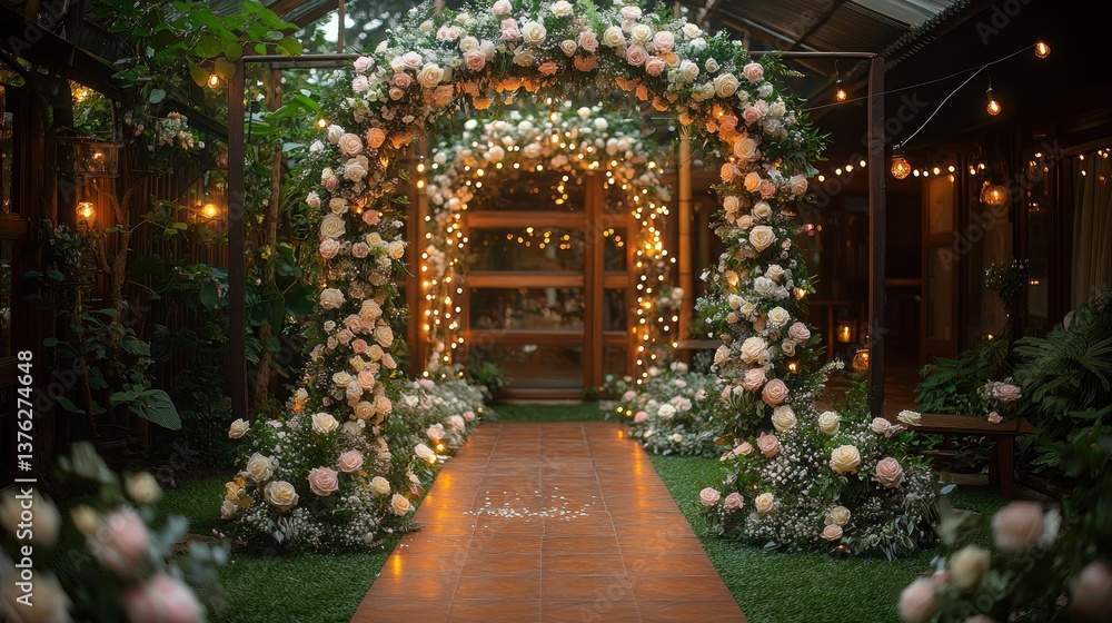 Obraz premium Romantic floral archway with lights leading to a doorway.