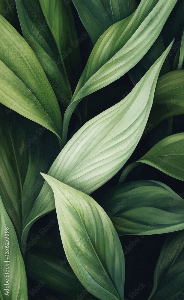 Obraz premium Close-up of lush green tropical leaves with soft lighting and artistic texture, emphasizing natural beauty, calmness and organic design in a botanical background.