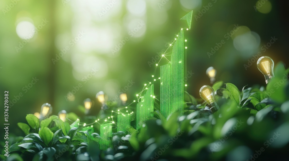 Obraz premium A visually striking image showcasing a green graph emerging from lush foliage, symbolizing growth, sustainability, and innovation in a natural setting.