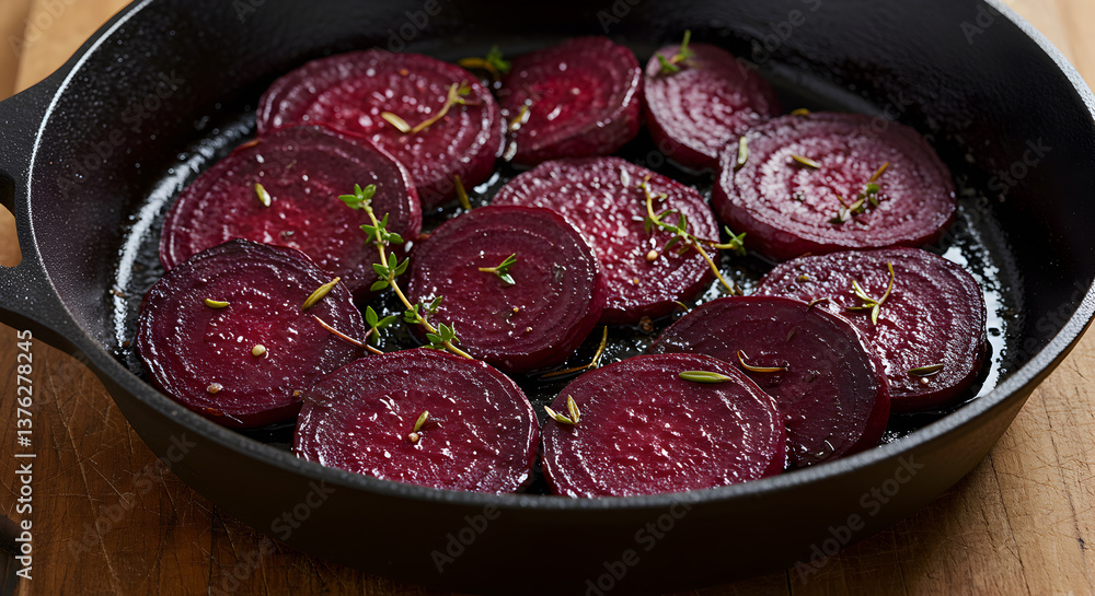 Roasted beetroot slices with fresh thyme in a cast iron pan, rustic culinary delight Roasted beetroot slices with fresh thyme in a cast iron pan, rustic culinary delight