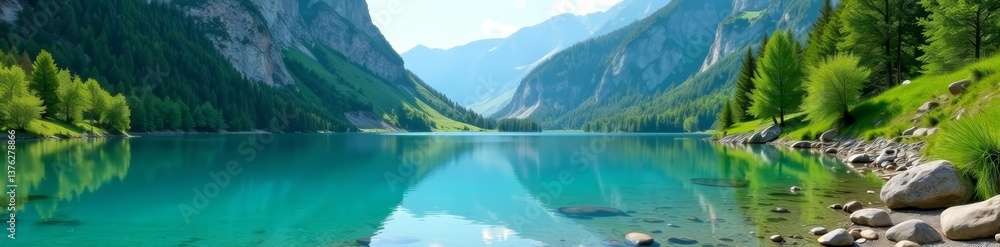 Obraz premium Minimalistic alpine lake with clear blue water and greenery, mountain, simplicity, remote