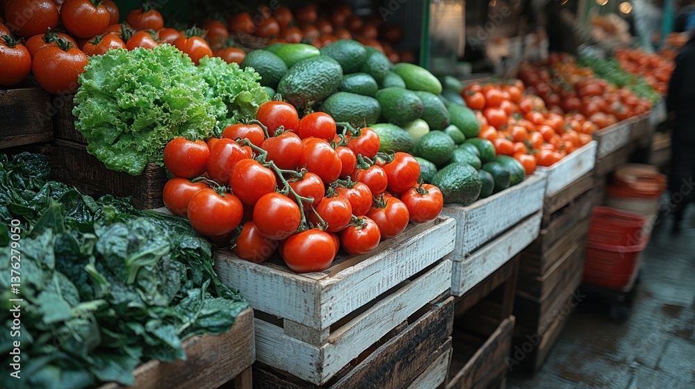 Fresh produce displayed in wooden crates at a farmer's market. Fresh produce displayed in wooden crates at a farmer's market.