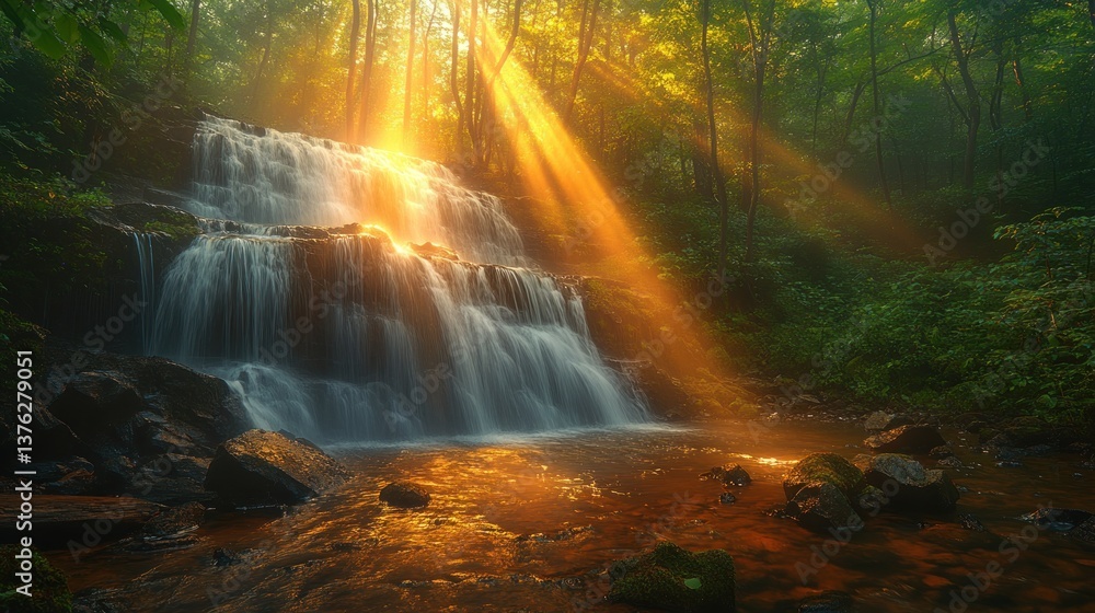 Sunbeams illuminate a cascading waterfall in a lush green forest. Sunbeams illuminate a cascading waterfall in a lush green forest.