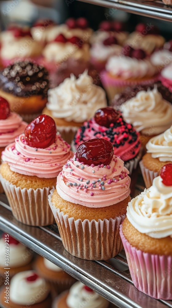 a bakery display filled with different cupcakes a bakery display filled with different cupcakes
