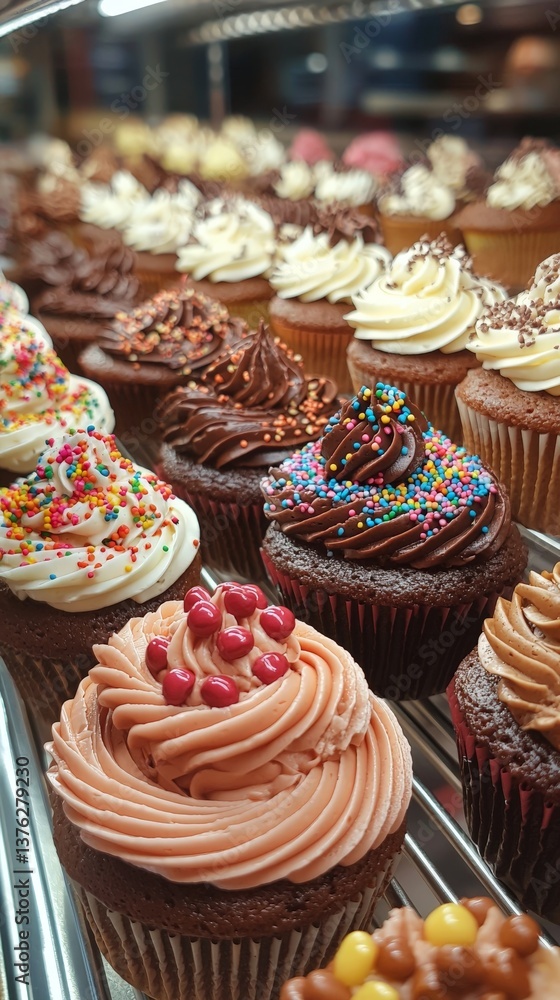 a bakery display filled with different cupcakes a bakery display filled with different cupcakes