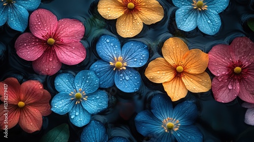 Wallpaper Mural Colorful flowers floating on dark water with water droplets. Torontodigital.ca