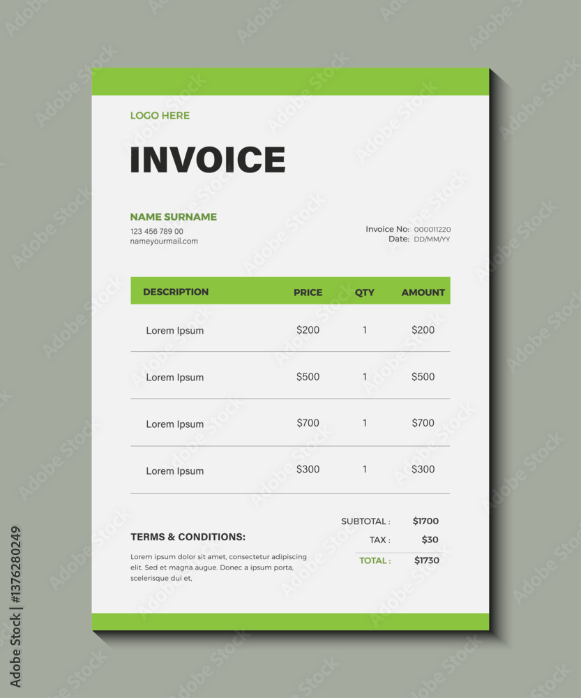 Modern business invoice template design template, Professional Document Template Vector for Sales and Billing, Printable Business Invoice Vector Template for Office Use, Business Invoice template. Modern business invoice template design template, Professional Document Template Vector for Sales and Billing, Printable Business Invoice Vector Template for Office Use, Business Invoice template.
