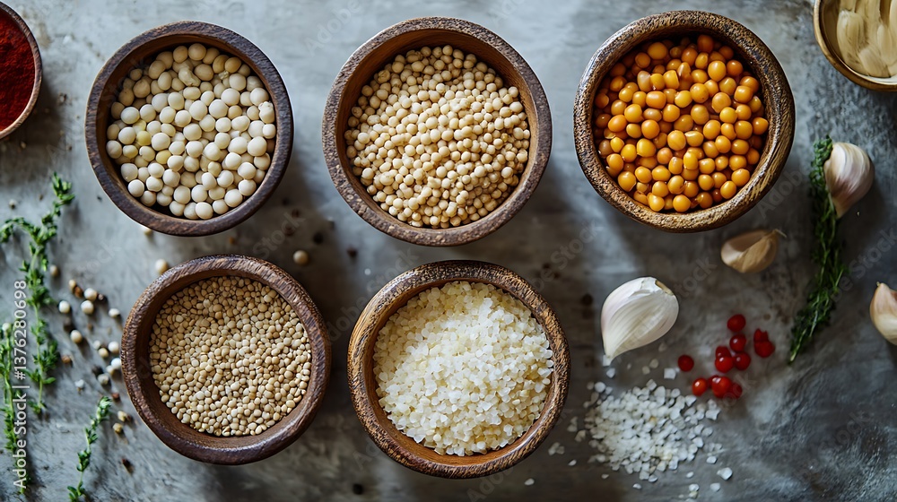Variety of dried goods: beans grains and spices in wooden bowls on a textured surface Variety of dried goods: beans grains and spices in wooden bowls on a textured surface