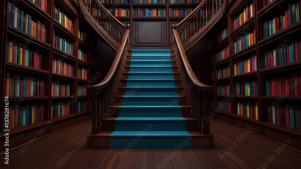 Majestic library interior with winding staircase between bookshelves Majestic library interior with winding staircase between bookshelves