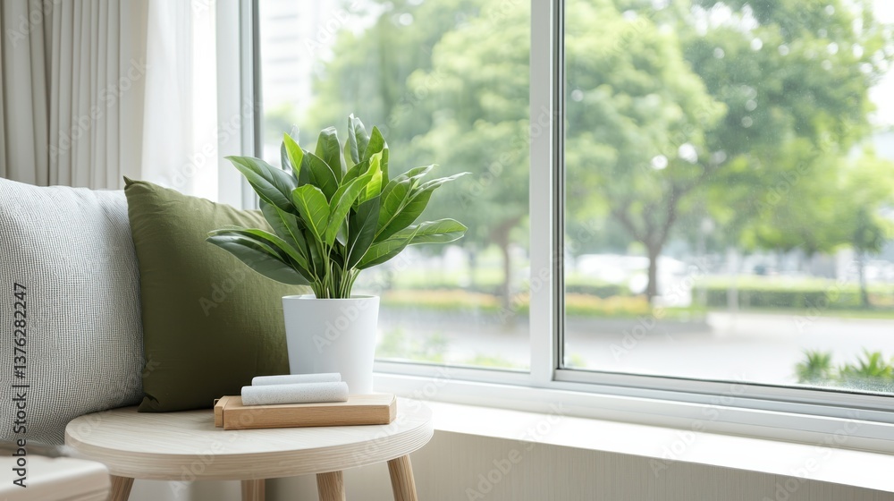 Fototapeta premium Mindfulness Mental Health Awareness Concept. Cozy indoor scene with a plant by a window and natural light.