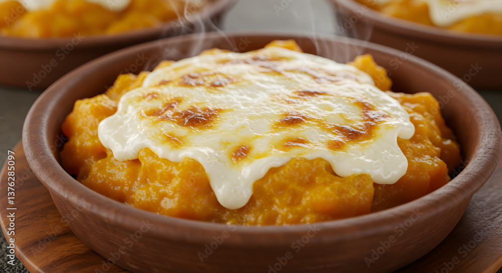 Authentic Paraguayan Kivev? Pumpkin and Cheese Dish in Clay Bowl Ready to Serve Authentic Paraguayan Kivev? Pumpkin and Cheese Dish in Clay Bowl Ready to Serve