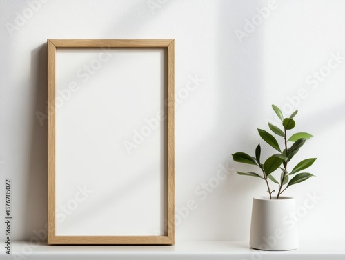 Minimalist interior with empty frame and potted plant decor