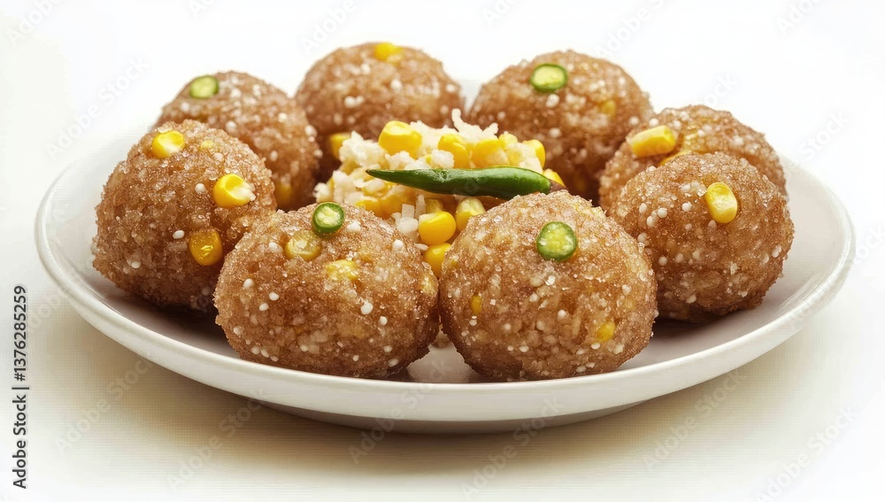 Delicious, round corn balls, arranged on a plate. Sprinkled with a light coating. Garnished with shredded corn and a chili pepper Delicious, round corn balls, arranged on a plate. Sprinkled with a light coating. Garnished with shredded corn and a chili pepper