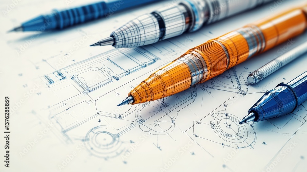 Several pens laying on top of a detailed architectural blueprint design Several pens laying on top of a detailed architectural blueprint design