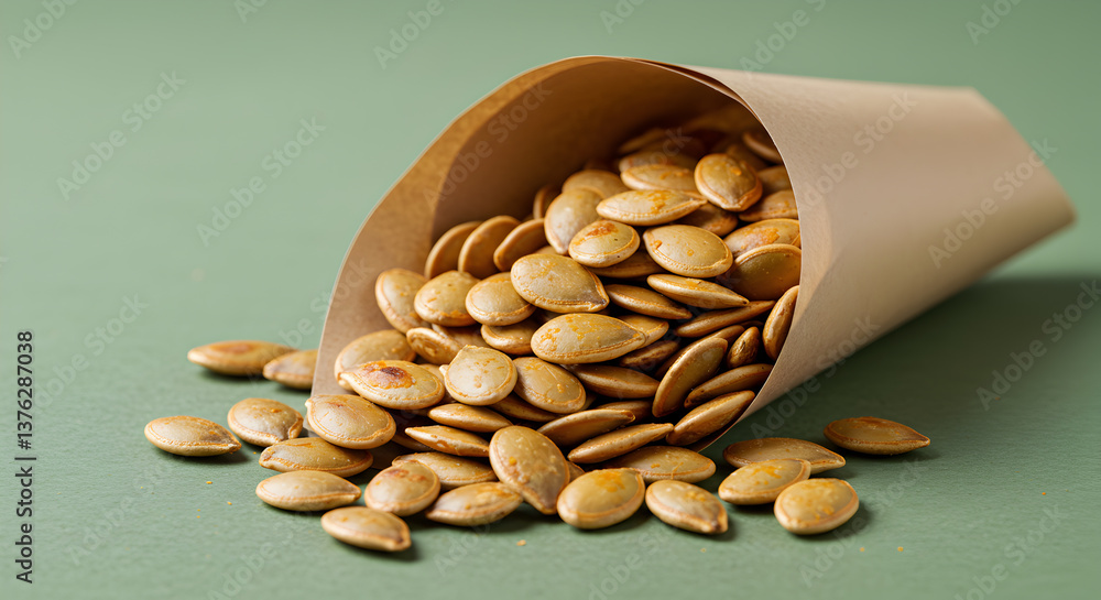 Roasted pumpkin seeds spilling from paper cone on a textured green surface Roasted pumpkin seeds spilling from paper cone on a textured green surface