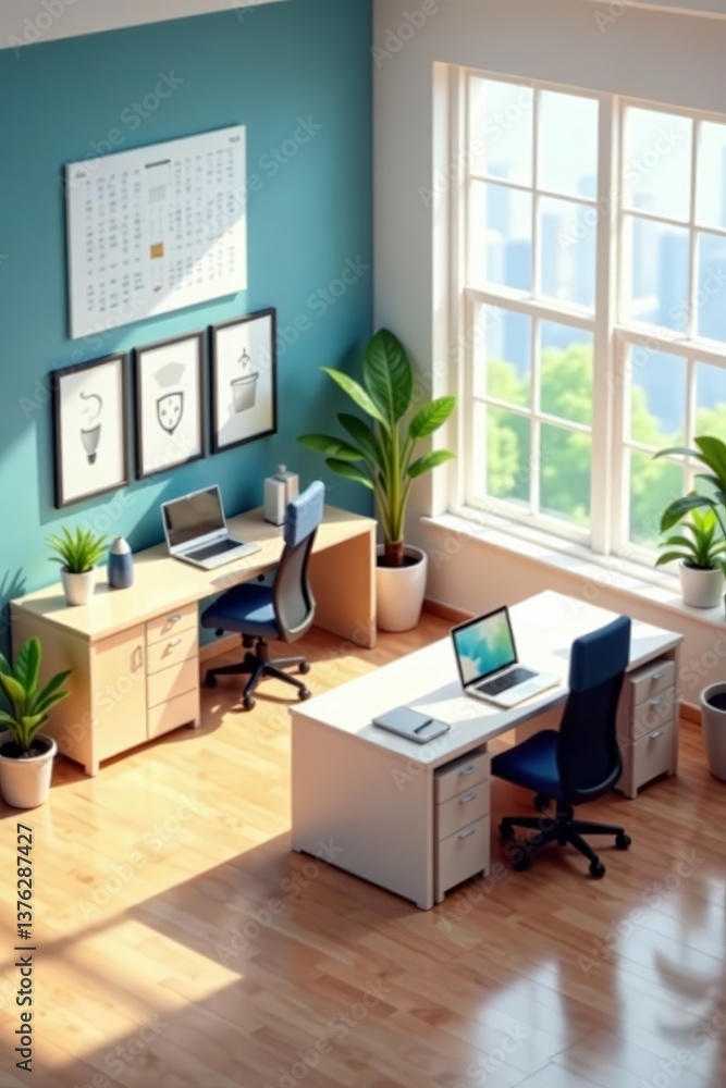 Modern isometric office room with sleek furniture and large windows, workplace, isometric, office Modern isometric office room with sleek furniture and large windows, workplace, isometric, office