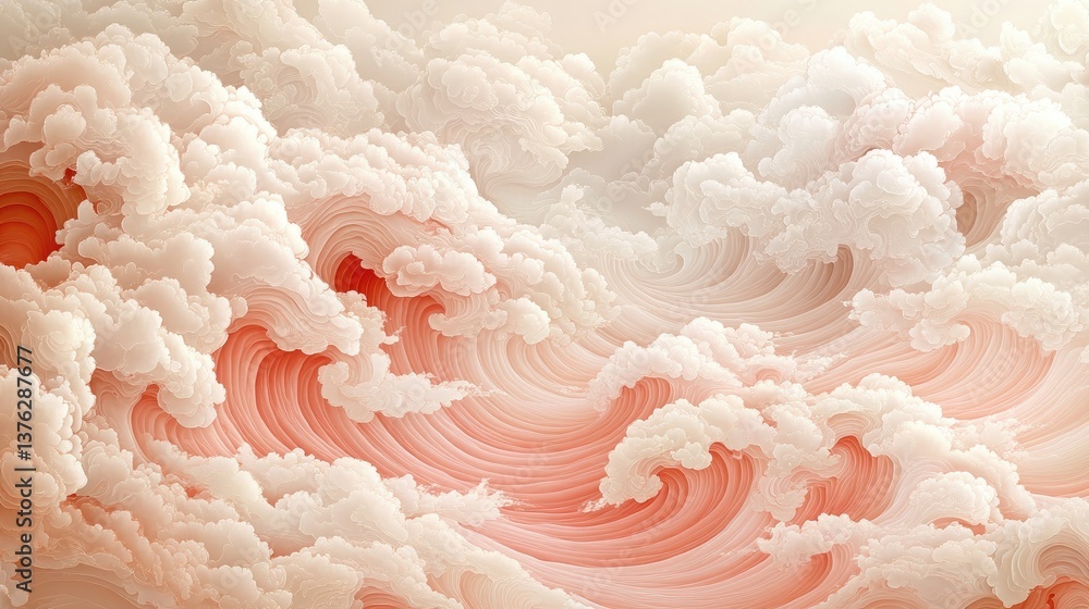Fototapeta premium Abstract digital artwork depicting rolling waves and fluffy clouds