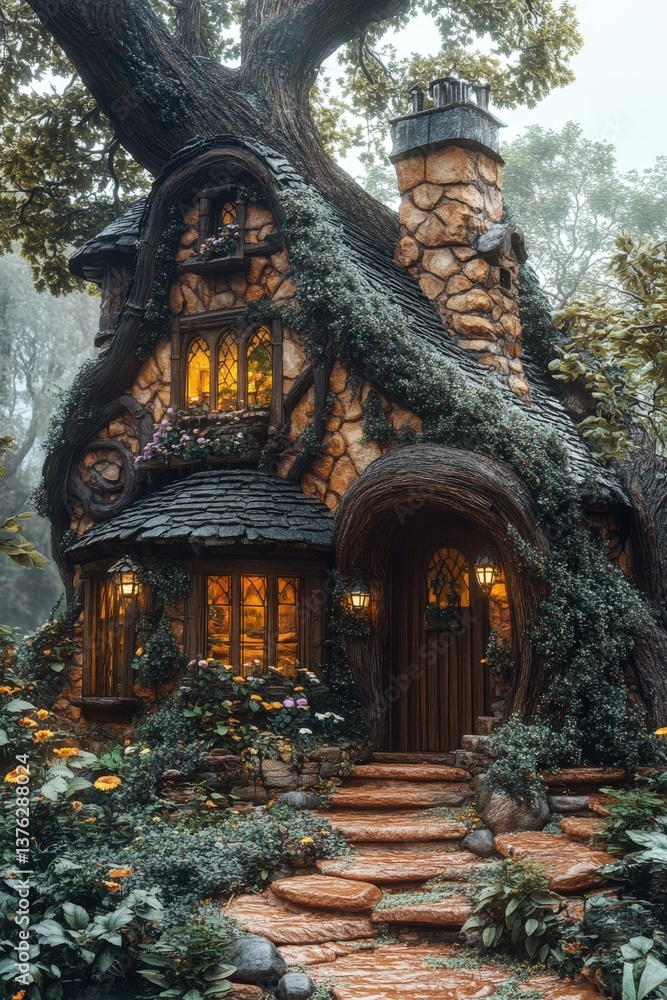 Fototapeta premium Enchanting stone cottage nestled within a lush, mystical forest, glowing warmly