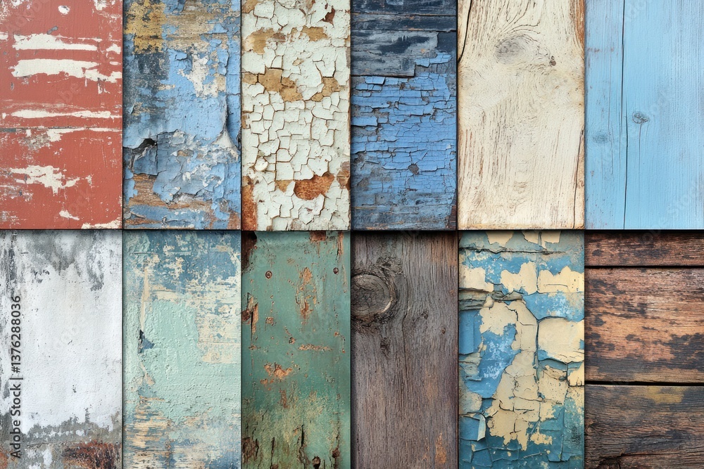 Naklejka premium Weathered wooden panels with deep, rich textures and peeling paint, showing signs of age and wear. The grain of the wood is visible, and the surfaces are cracked and uneven