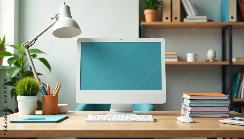 Modern office desk with organized folders and stationery items, workplace, desk Modern office desk with organized folders and stationery items, workplace, desk