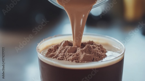 Pouring chocolate protein powder into a cup of milk