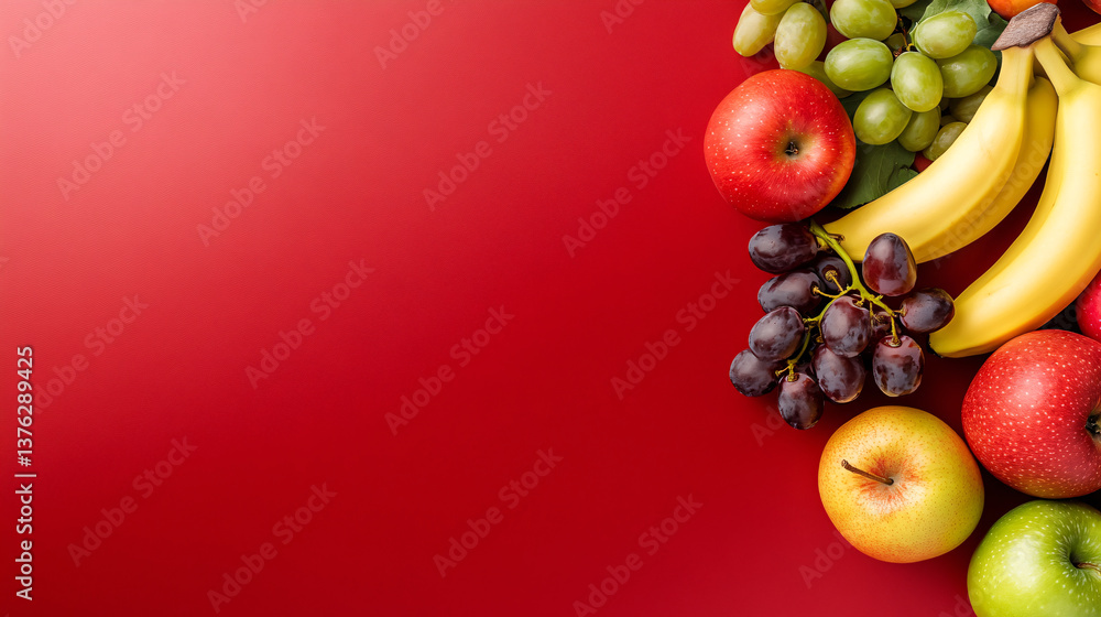 vibrant overhead view of mixed fruits including apples, bananas, and grapes on red background, creating fresh and colorful composition vibrant overhead view of mixed fruits including apples, bananas, and grapes on red background, creating fresh and colorful composition