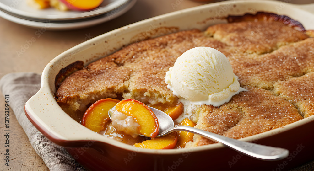 Delectable Peach Cobbler Delight with Vanilla Ice Cream, a Summer Indulgence Delectable Peach Cobbler Delight with Vanilla Ice Cream, a Summer Indulgence