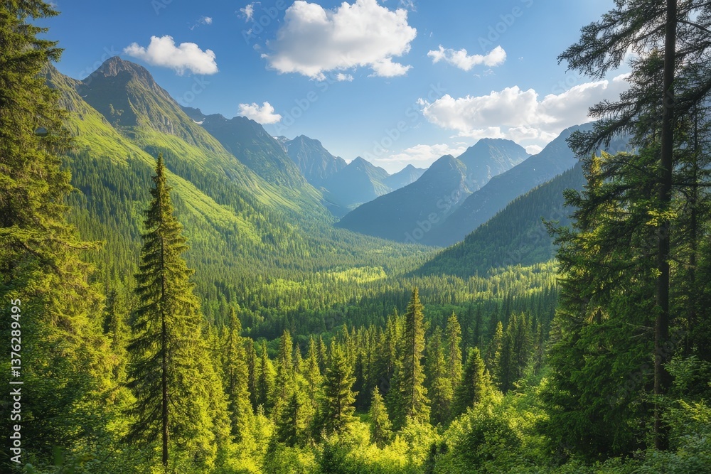 Fototapeta premium Vibrant green valley surrounded by majestic mountains under a clear blue sky in the afternoon
