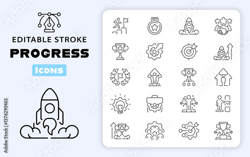 Development vector outline icons set. Innovation and growth symbols