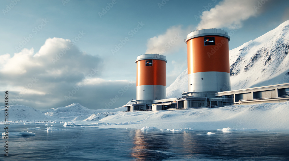 Obraz premium futuristic ice preservation facility with two large orange cylindrical structures stands amidst snowy landscape by calm icy lake, under partly cloudy sky