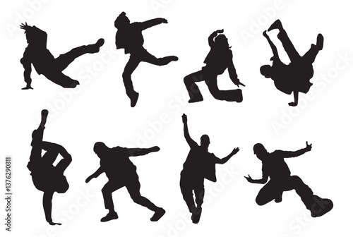 Set of dancing people silhouettes. Break dance, hip-hop street dancer isolated on transparent background