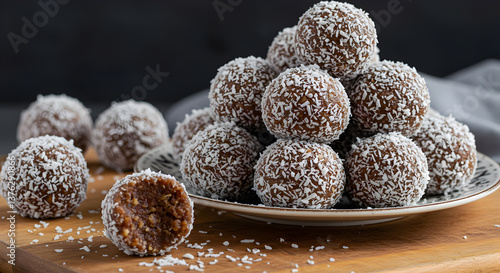 Close-up of tempting organic date energy balls rolled in fresh coconut flakes on a plate