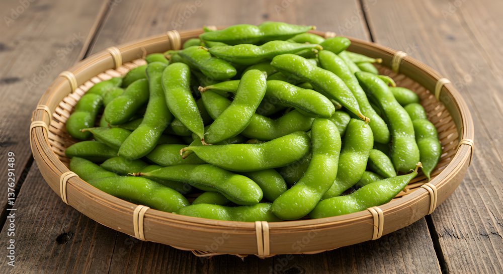 Steamed edamame pods served in a bamboo basket on rustic wooden table Steamed edamame pods served in a bamboo basket on rustic wooden table