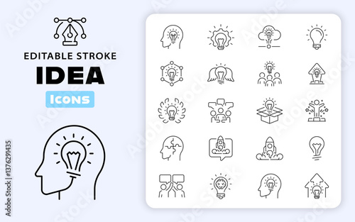 Idea and brainstorm vector outline icon set. Light bulb and creative thinking icons