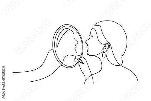 Womans SelfReflection Minimalist Line Art Mirror Image