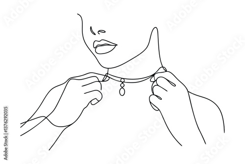 Minimalist Line Art Drawing of Woman Adjusting Choker Necklace