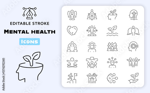 Mental health and psychology healthcare vector outline icon set. Therapy and emotional well-being icons