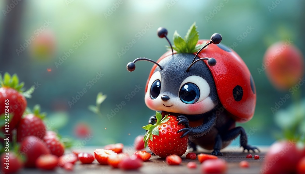 Ladybug Cartoon Character Holding Strawberry in Garden with Green Background Ladybug Cartoon Character Holding Strawberry in Garden with Green Background