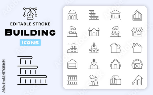 Building for industry and real estate vector outline icon set. Factory and property icons