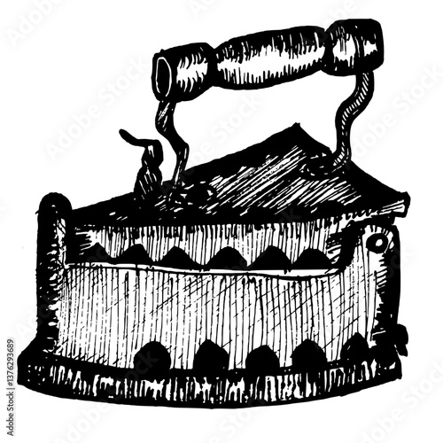 Antico ferro da stiro, illustrazione a inchiostro a ,mano libera isolata