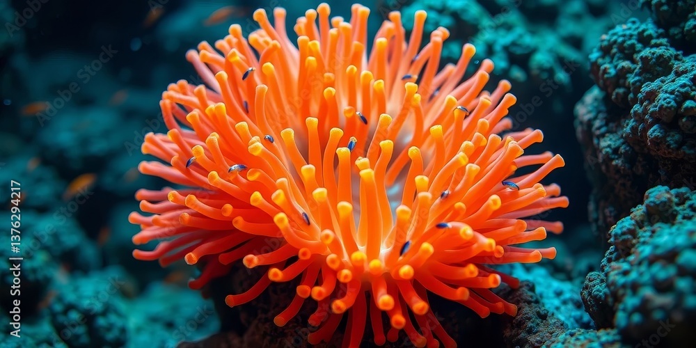 Vibrant orange sea anemone with tiny marine life nestled within its tentacles, a breathtaking underwater scene showcasing the beauty of ocean flora and fauna. Vibrant orange sea anemone with tiny marine life nestled within its tentacles, a breathtaking underwater scene showcasing the beauty of ocean flora and fauna.