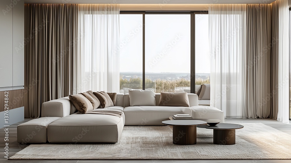 Fototapeta premium Serene modern living room interior with minimalist design and natural light