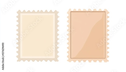 Two blank postage stamps, light beige and peach, with decorative border