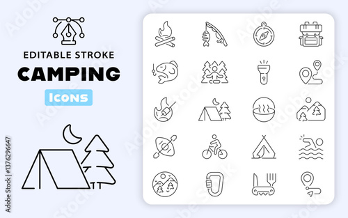 Camping vector icons. Camping icon set. Holiday, vacation, hiking, fishing, travel, camping related icons. Thin line editable stroke