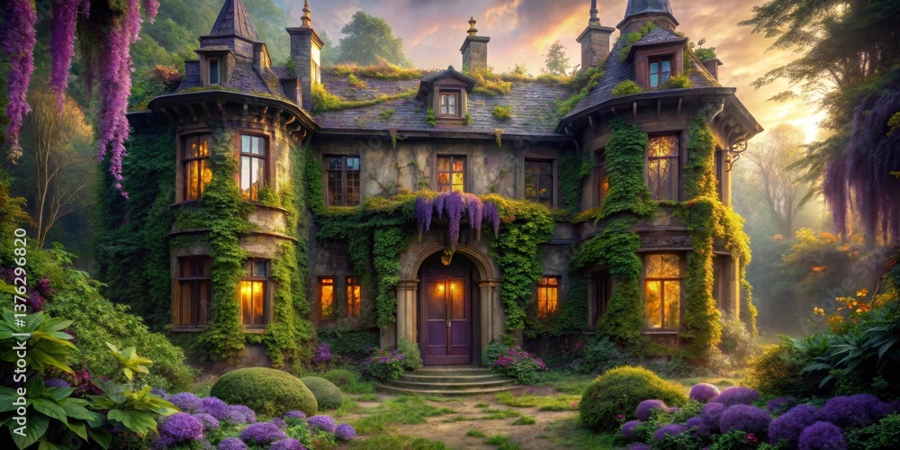 Fototapeta premium Enchanted Stone Mansion, Overgrown with Lush Vines and Vibrant Flowers at Golden Hour
