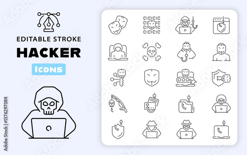 Hacker attack icons. Hacker line icon set. Cyber, attack, software, virus, scam, hacker, fraud, hacker attack related icons. Editable stroke, thin line icons set